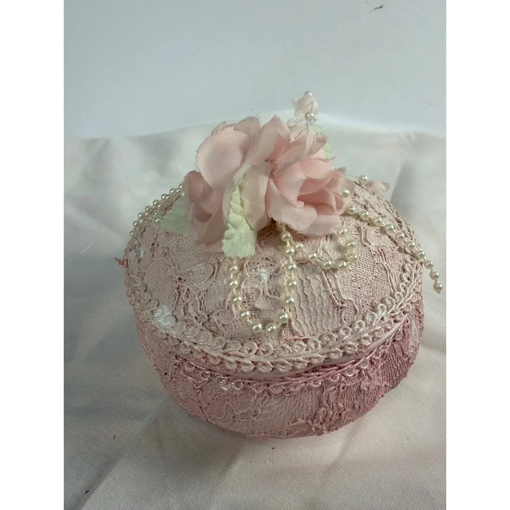 Vintage Pink Lace Trinket Box Rose Pearl Embellished Chic Musical Jewelry Case
